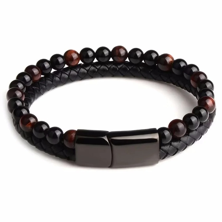 Férfi bőr karkötő, természetes gyöngyökkel, több színben, 21,5 cm, szett
