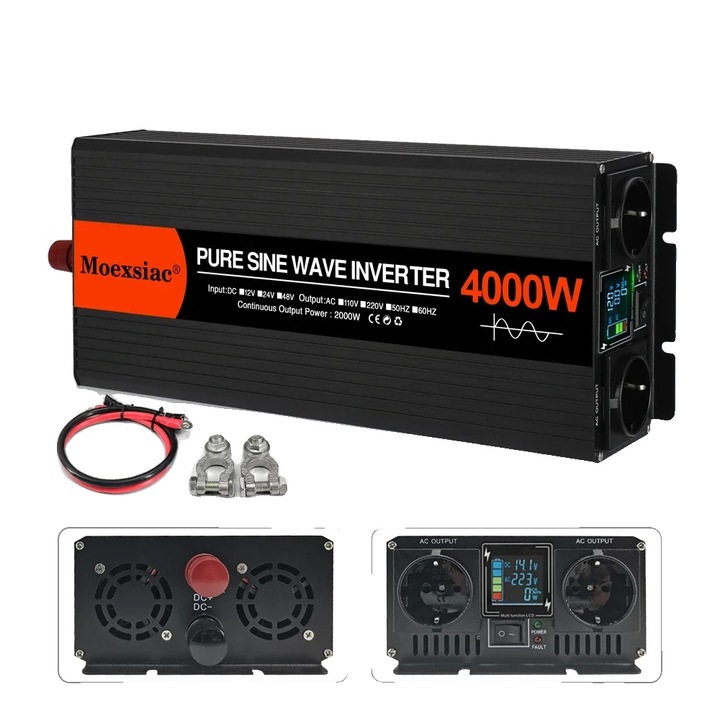 Inverter de unda pura, 4000W, 12V, 220V, 90% eficienta, dimensiuni 28.3x15.5x7.8cm