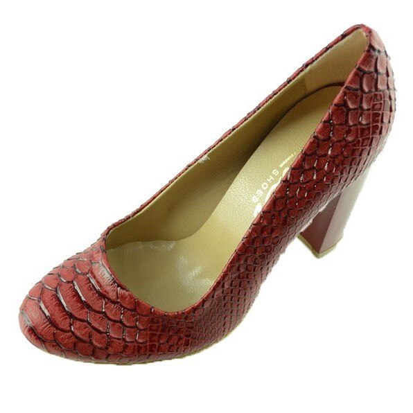 Pantofi cu toc gros si model de piele de reptila,D&J Exclusive, Rosu