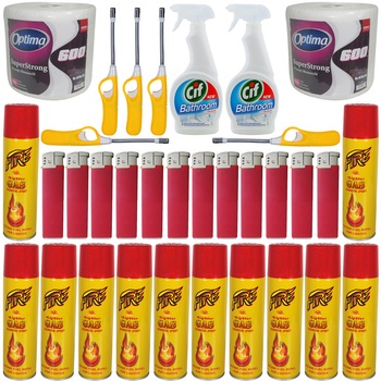 Pachet - 12 x Spray de gaz pentru incarcat bricheta, 270ml + 12 x Bricheta rosie pentru aprins focul, Mata + 5 x Aprinzator galben pentru aragaz + 2 x Prosop hartie, Sano Optima, 600g + 2 x Cif anticalcar pentru baie, 500ml Pachet - 12 x Spray de gaz pentru incarcat bricheta, 270ml + 12 x Bricheta rosie pentru aprins focul, Mata + 5 x Aprinzator galben pentru aragaz + 2 x Prosop hartie, Sano Optima, 600g + 2 x Cif anticalcar pentru baie, 500ml
