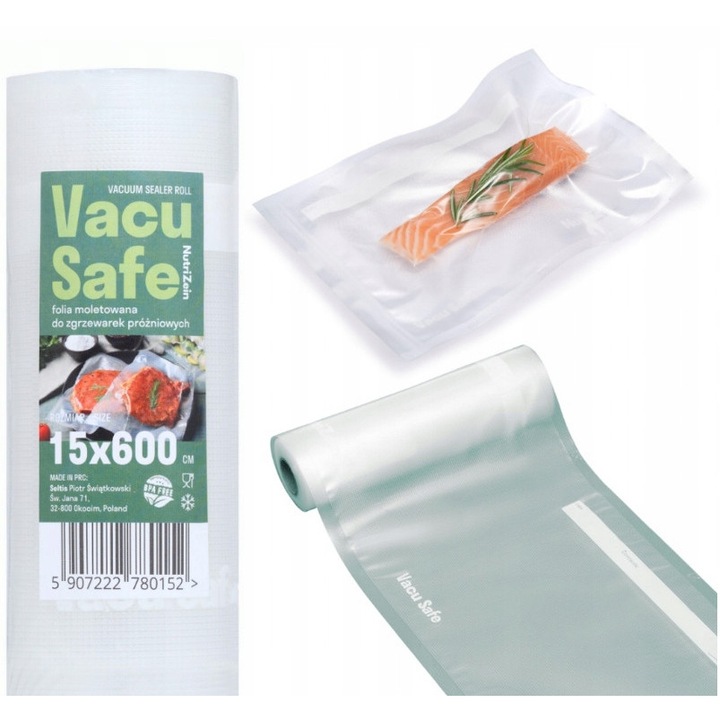 Recézett fólia vákuumos hegesztőhöz, Nutrizein, Vacusafe, BPA-mentes, Vastagság 190 µm, Fóliaösszetétel: Pa / Pe, Hőmérséklettartomány: -20°C / +70°C, 15 x 600 cm, Átlátszó, 1 darab