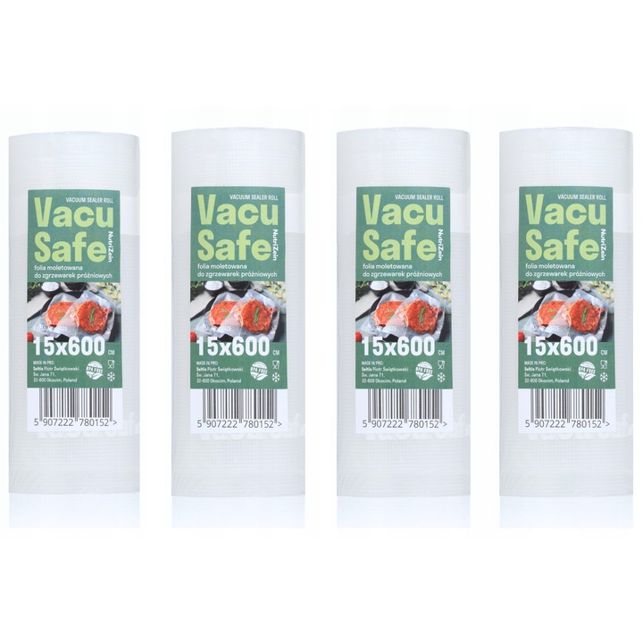 Vákuumfólia készlet, Nutrizein, Vastagság 190 µm, BPA- és ftalátmentes, Fólia összetétel: Pa/Pe, Hőmérséklettartomány: -20°C / +70°C, 15 x 600 cm, Átlátszó, 4 darab