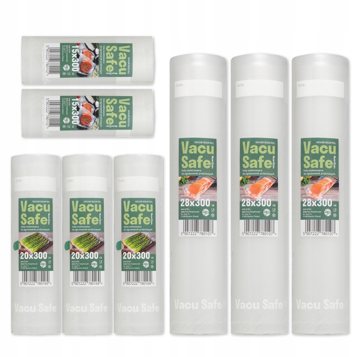Recézett fólia vákuumcsomagolóhoz (3 darab 28 cm x 300 cm, 3 darab 20 cm x 300 cm, 2 darab 15 cm x 300 cm), Nutrizein, Vastagság 190 μm, BPA és ftalátmentes, Fóliaösszetétel: Pa / Pe, Hőmérséklettartomány: -20°C / +70°C, Átlátszó, 8'