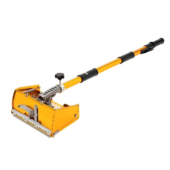 Cutie de glet cu coada telescopica, Unealta de finisare pentru gips-carton, Tija 105–168 cm, Cap reglabil 60°/90°, Cutie 26, 5×13×12 cm, Aluminiu + silicon, Galben
