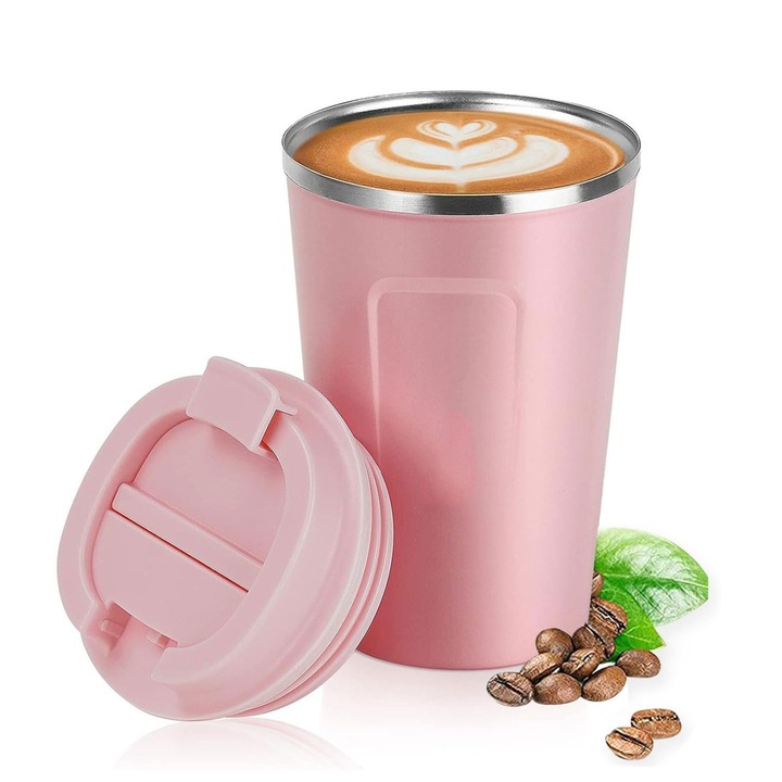 Cana termos HERUSI 380ml dublu perete roz 9.5x15.5cm