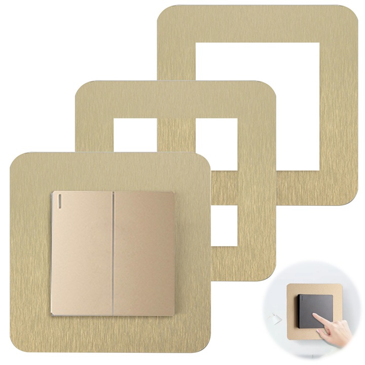 Set 3 rame decorative pentru intrerupator, acrilica, model 0805BM-BST3118022, auriu, dimensiuni interioare 8.6 x 8.6 cm, exterioare 14.6 x 14.6 cm
