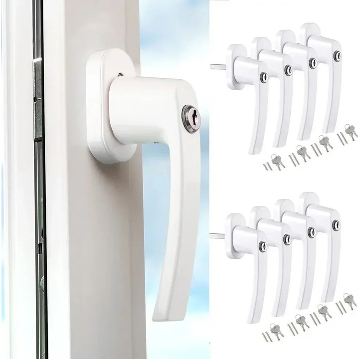 Maner fereastra, Universal Inline Espag, Cu cheie, Blocabil, Inlocuire pentru geam termopan, Aliaj aluminiu-cupru, Set 8 bucati, Alb