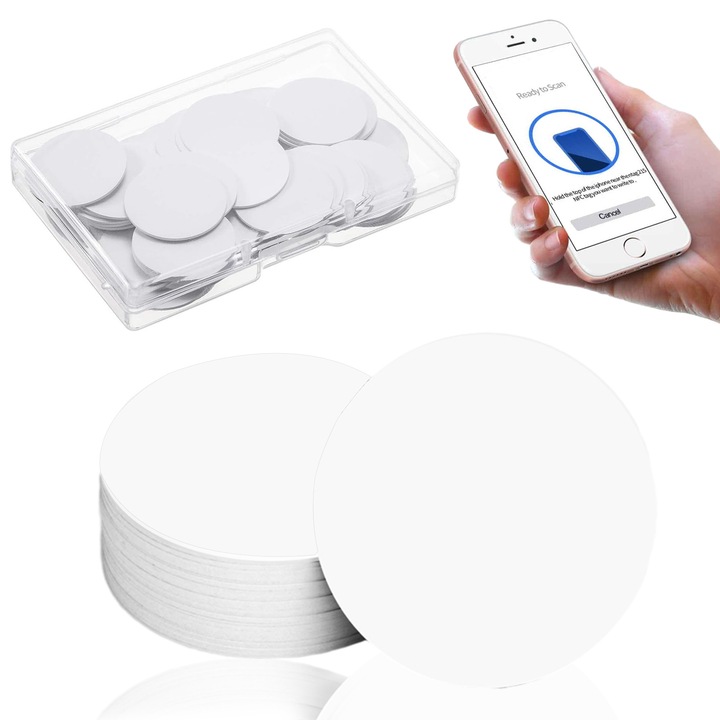 20 de bucati de etichete NFC, etichete NFC, carton alb gol, autocolante NFC compatibile cu TagMo si Amiibo, cu spate adeziv pentru fixare usoara si depozitare in cutie