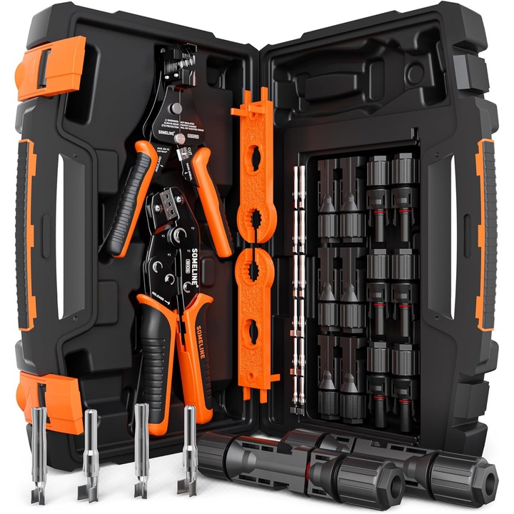 SOMELINE GFZH napelemes csatlakozó krimpelő szerszámkészlet, 2,5/4/6 mm² napelemes kábelhez, krimpelőfogó, kábelcsupaszító, villáskulcs és 6 pár aljzat + szerszámosláda