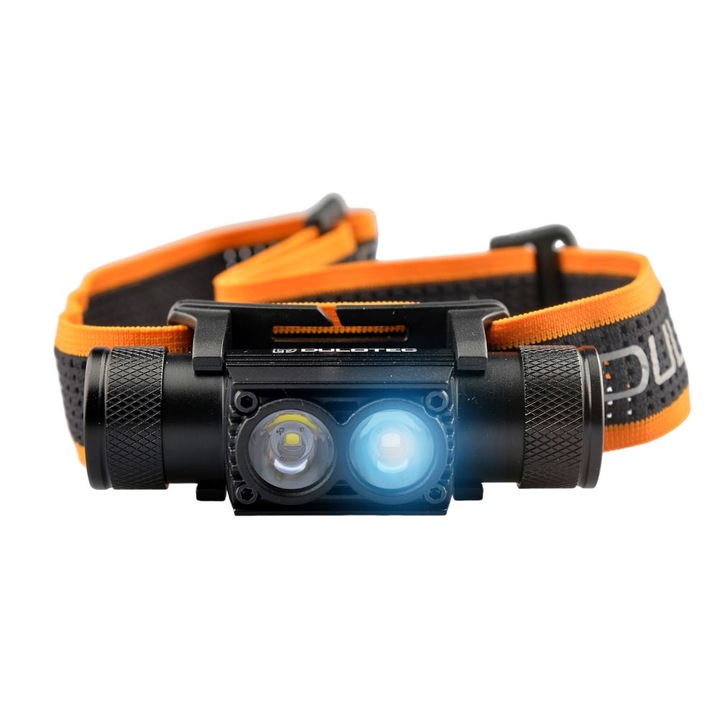 Lanterna frontala puternica Dulotec H4 Pro V2.0 + baterie de 3400 mAh, cu lumina alba si albastra, Led, Acumulator