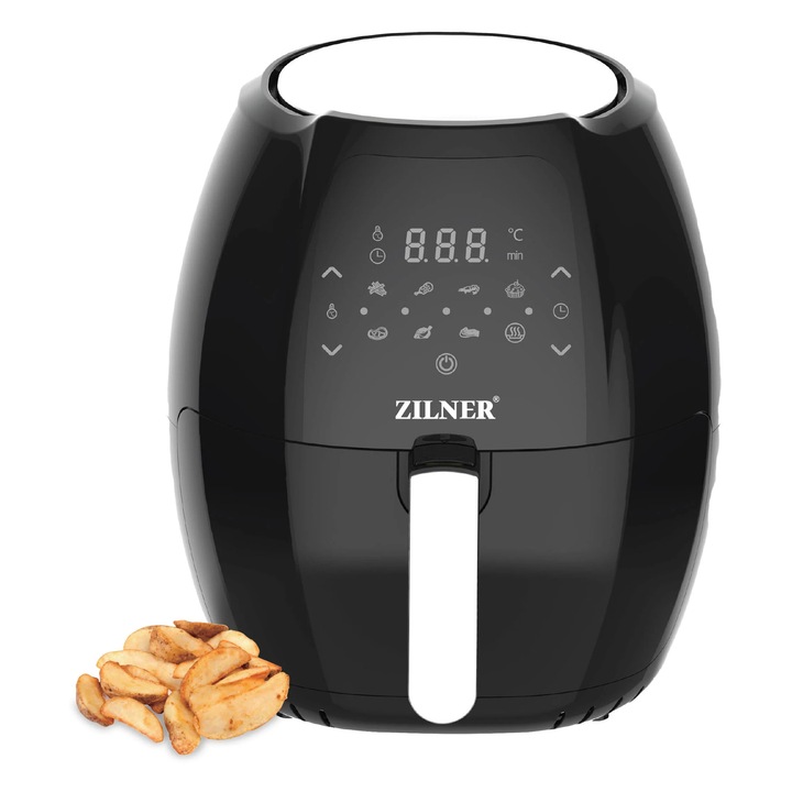 Фритюрник с горещ въздух Zilner-Zl-301 без олио, капацитет 7,7 литра, 1800 W, 7 предварително зададени програми за готвене, LCD сензорен екран, черен, регулируема температура 60–200°C, автоматично изключване