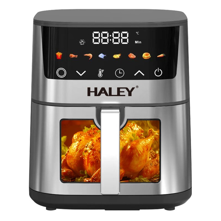Фритюрник с горещ въздух HALEY 7L, 2000W с 360° готвене, сензорен екран, 180° стъкло за наблюдение, 8 програми – здравословно и хрупкаво готвене без олио
