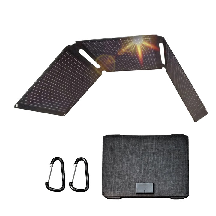 Panou solar portabil, 35W, eficiență conversie 25%, 2 porturi încărcare, dimensiuni pliat: 29.96x11.30x0.79 inch