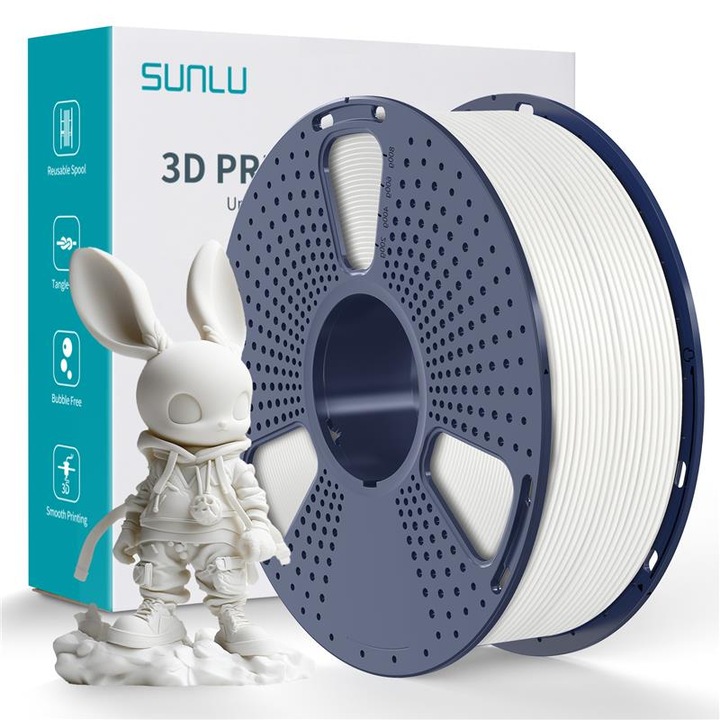 Rola filament 3D, Sunlu, Material PLA, Culoare Alb, 1kg, lungime 330 m, diametru 1.75mm, compatibil cu majoritatea imprimantelor 3D tehnologie FDM, ideal pentru imprimantele BambuLab