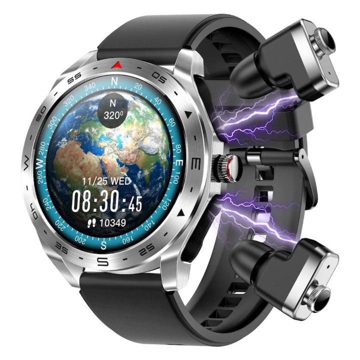 Смарт часовник AMYMAT с Bluetooth слушалки, Bluetooth разговори, известия, функция за свободни ръце, 2 в 1 наблюдение на физическа активност, пулс, кръвно налягане, крачкомер, калории, черна силиконова каишка