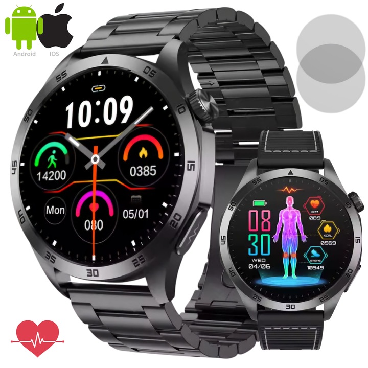 Смарт часовник ZENARK® MED 12 PRO, Ultra 4K AMOLED екран, мониторинг на кръвната захар, ЕКГ, пулс, сън, кислород в кръвта, телесна температура, кръвно налягане, дишане, пикочна киселина, мазнини в кръвта, WhatsApp, Mail, Facebook, черен/черен