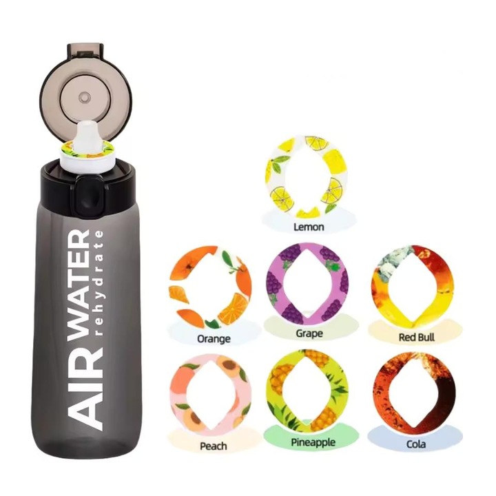 Ароматизирана бутилка за вода NeuroScent 750 мл, съвместима с капсули Air Up – 0 захар, 0 калории, 7 ароматизирани капсули, материал Tritan и силикон без BPA, херметична (-20°C до 100°C), технология Smell-Taste за деца/спорт/пътуване, прозрачно черна