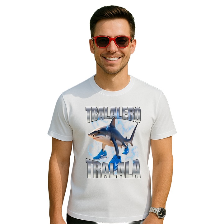Tricou barbat Tralelero Tralala cu imprimeu Tralalero Tralala Funny Italian brainrot Shark meme T Shirt, Cri-Flo, din bumbac 100%, Alb, Marime 2XL