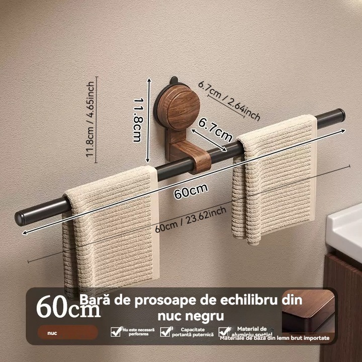 Suport Prosoape Nuc & Aluminiu 60cm - Ventuze Puternice, Negru - Fara Gaurire