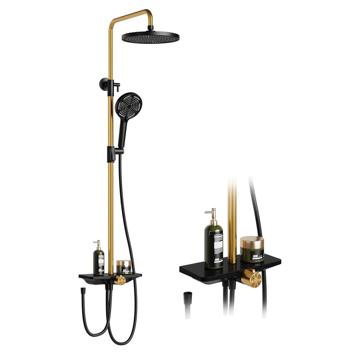 Sistem de dus cu cap de dus portabil, raft pentru produse igienă, auriu