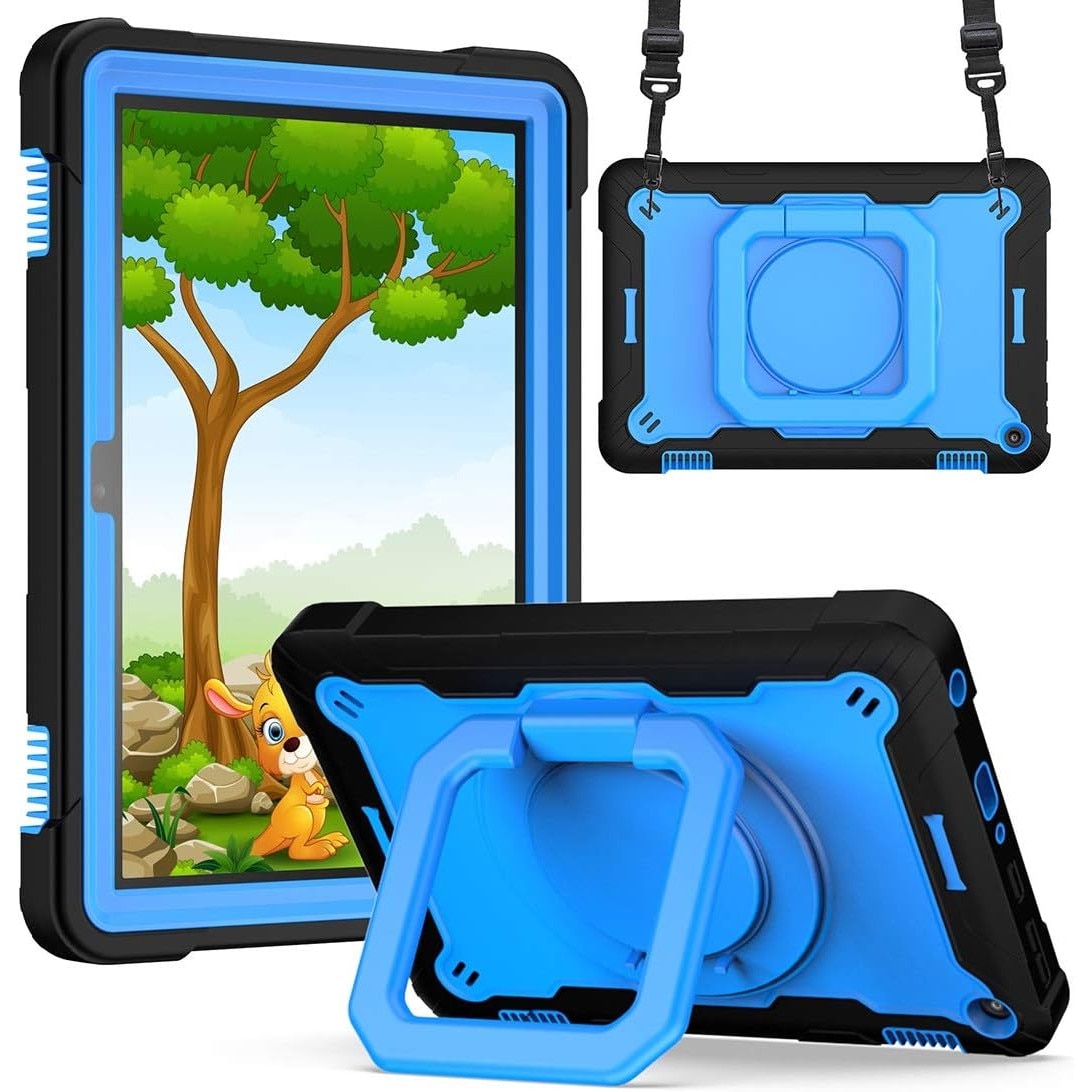 Husa Hard Sigloo pentru Apple iPad 9th/8th/7th Gen (2021/2020/2019), 10.2'', Protectie Completa, Suport Creion, Stand rotativ, Curea Umar, Anti-Soc, Albastru F