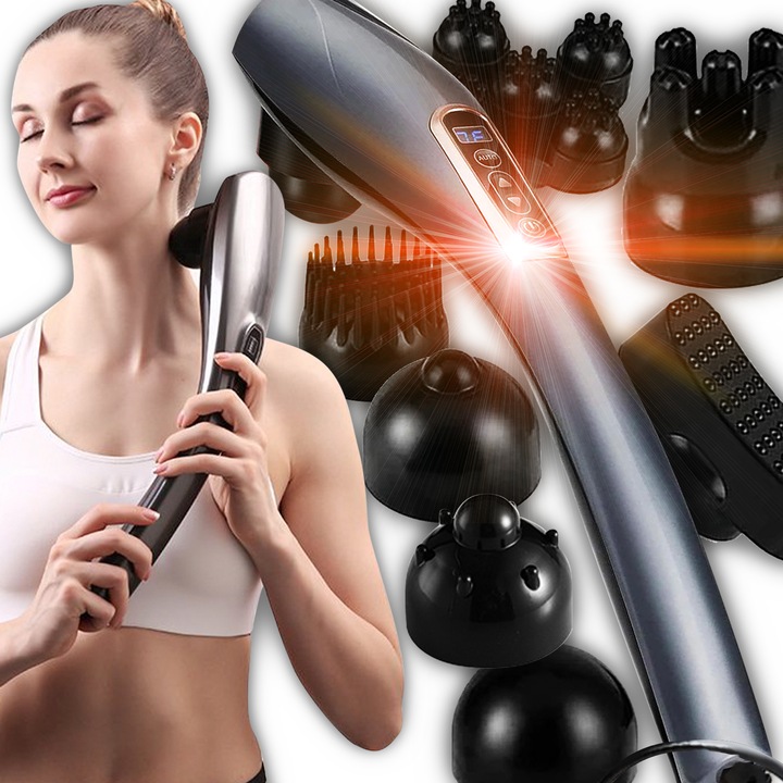 Aparat de masaj profesional anticelulitic Renew Force®, PISTOL VIBRANT pentru Gat Corpul Spate Masaj WIRED, Cu 7 capete de masaj, 10 niveluri de intensitate, 12 moduri de operare, Pentru relaxare musculara, 24W, 9V, Viteza variabila, Negru YT-1706AL