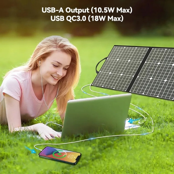 Panou solar 100W, 18V DC si 5V USB, design portabil, set complet cu 4 conectori DC