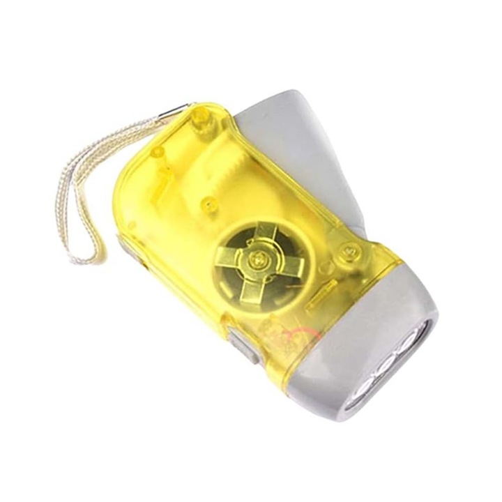 Lanterna Cu Dinam si Incarcare Manuala, 3 LED uri, Cu Agatatoare, Compacta 10x5 cm, Galben, Dalimag