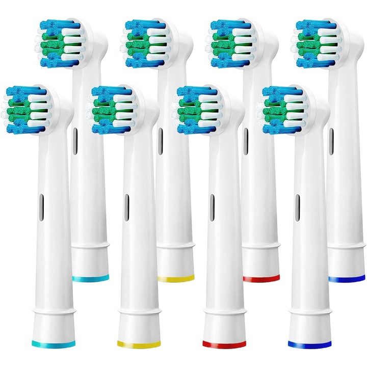 Set 8 capete de inlocuire pentru periute electrice Braun si Oral B, bristles medii, colorate pentru identificare