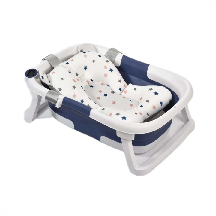 Cadita Bebelusi, 0+ luni, Pliabila, cu Pernuta detasabila, Suport integrat pentru capul de dus, Dopul indicator de temperatura, Picioruse antiderapante, Design Ergonomic, Albastru