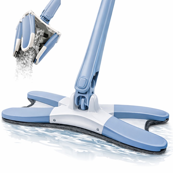 Mop Dreptunghiular Macvi® cu Stoarcere Integrata 1 Laveta Reutilizabile Microfibra, Cap Plat, Curatare Usoara Podele, Albastru