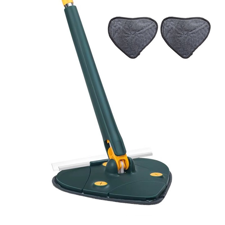 Set mop multifunctional cu 2 lavete NEXTLY pentru suprafete uscate si umede, cap forma de inima rotativ 360° si pliabil 180°, stergator pentru geamuri, podele, pereti, mobila, laveta microfibra lavabila si detasabila, maner 110cm, verde