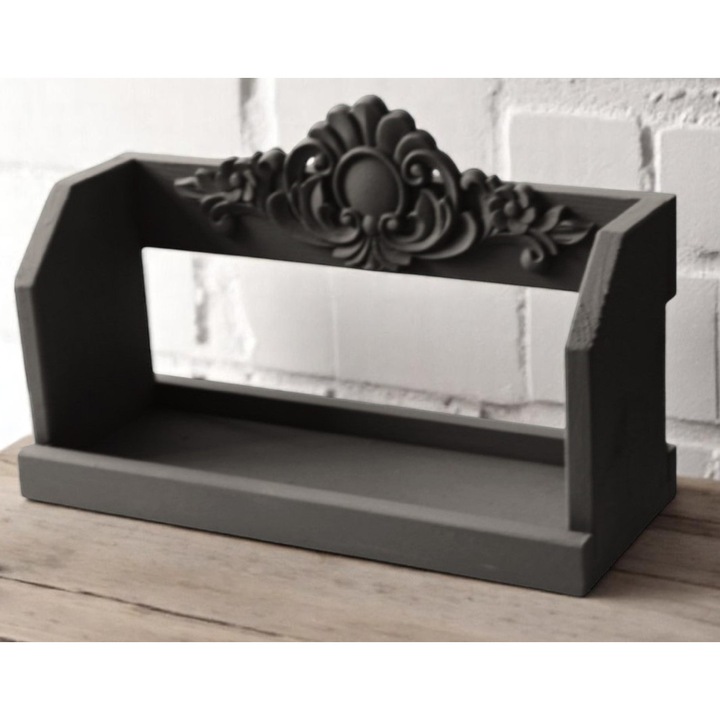 Etajera cu ornament din lemn, pictata manual, gri, lungime 40 cm