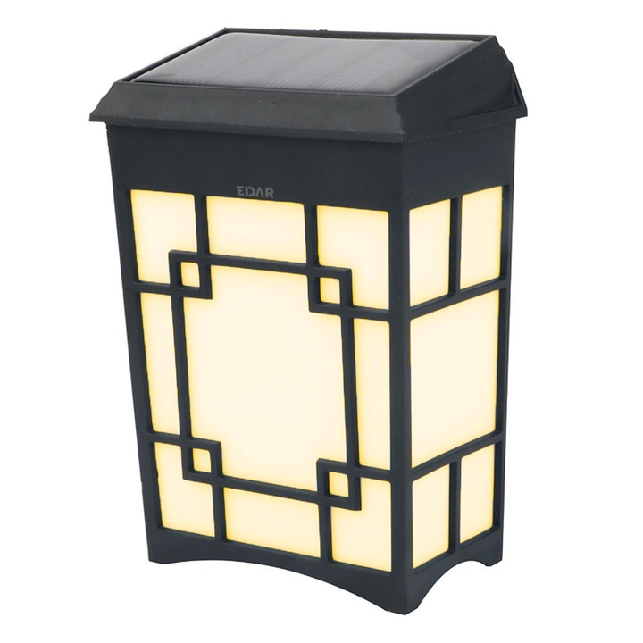 Lampa Solara Decorativa EDAR Cu Incarcare Solara Si Montare Pe Perete, Gard, Pentru Exterior/Casa/Gradina, Rezistenta La Apa IP54, Lumina Alb Cald/Multicolora, Culori Interschimbabile, Negru/Alb