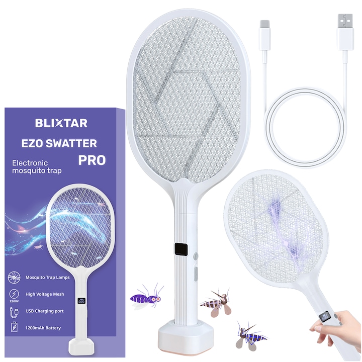 2 az 1-ben elektromos szúnyog- és légycsapda LCD kijelzővel, 360-400nm UV LED fénnyel, 3000V, 1200mAh akkumulátorral, USB-A/USB-C töltéssel, világítással vagy akkumulátoros üzemmóddal, időzítővel, számlálóval, ideális beltérre és kültérre – Blixtar