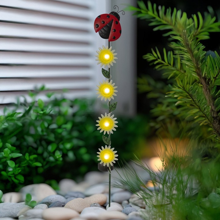 Stick Decor Solar Gradina Margarete si Buburuza cu 4 LED Alb Cald Metalic 81cm