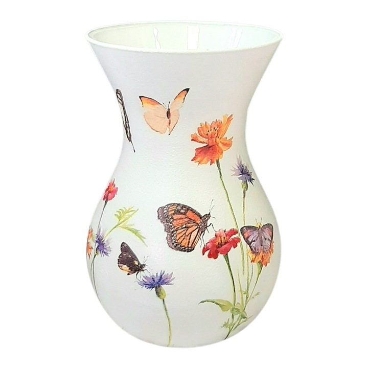 Vaza din sticla cu flori si fluturi, multicolor