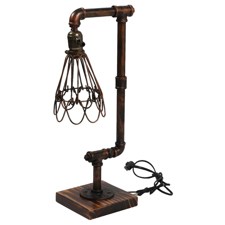 Veioza industriala retro, design handmade din lemn si fier, culoare ruginie, 45x15cm