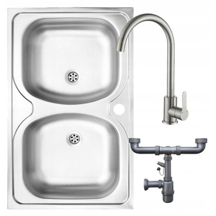 Chiuveta bucatarie din otel inoxidabil 80x50, 2 compartimente, baterie rotativa