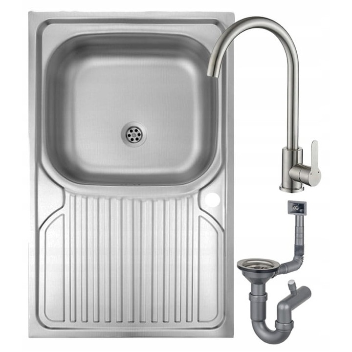 Chiuveta bucatarie cu baterie, sifon, 80x50x16cm, inox, argintie