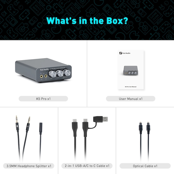 Звукова карта, K5 PRO, USB-C, оптичен, коаксиален, 3.5 мм и RCA изходи, черна