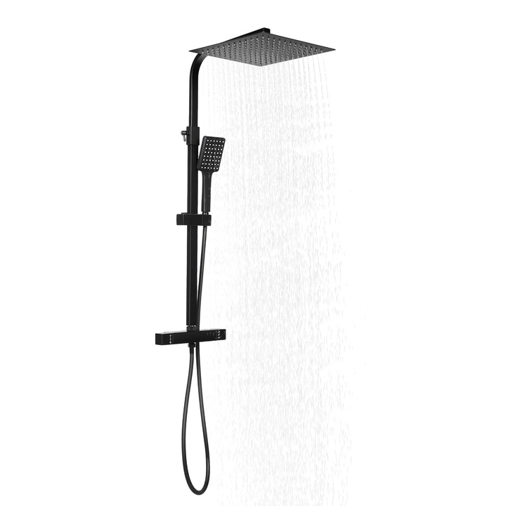 Set dus, Coloana de dus, Termostat, Tija telescopica reglabila, Dus tip ploaie si dus de mana, Cap de dus patrat, Otel inoxidabil, Negru