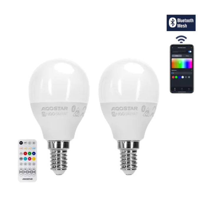Aigostar G45 E14 6.5W RGB+CCT okos izzók, 2 db-os készlet, 45x89mm méret, Bluetooth MESH csatlakozás