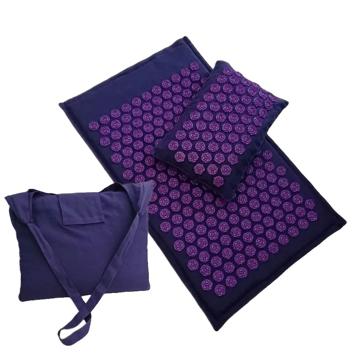 Set saltea si perna cu acupresiune, pentru relaxarea musculaturii, 10mm, violet