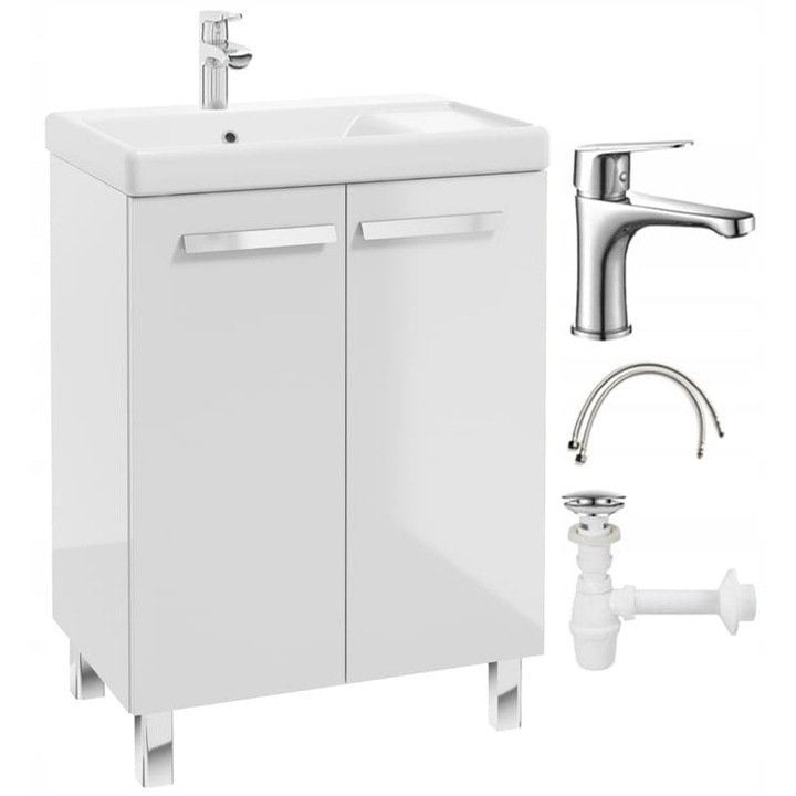 Set baie vertical cu dulap alb 80x60 cm, chiuveta ceramica 61x42,5 cm, robinet argintiu, sistem de inchidere silentios