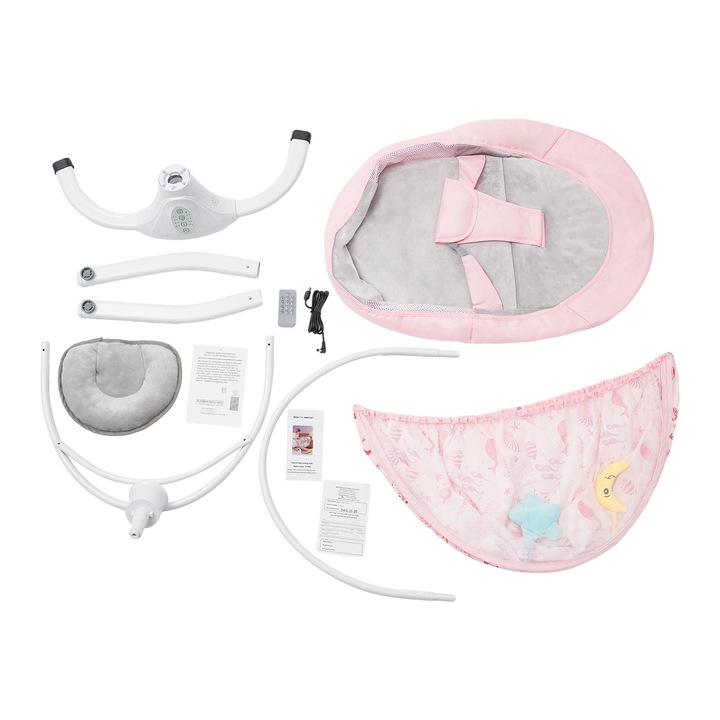 Leagan pentru bebelusi cu telecomanda, roz, cu plasa impotriva insectelor, cadru de suport, perne moi