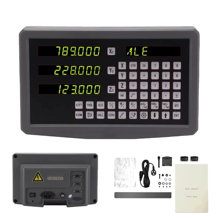 3 tengelyes digitális DRO, 5 µm felbontás, rugalmas skálahossz, 100–1000 mm