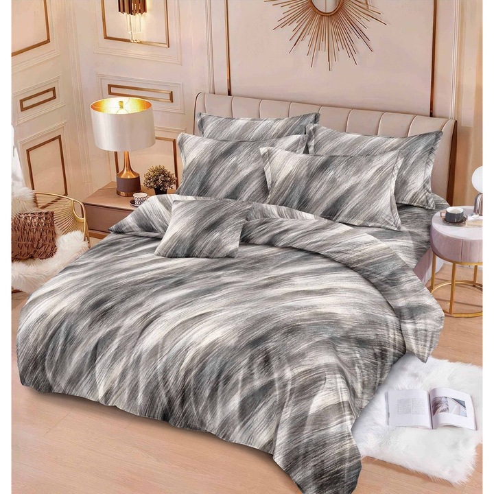 Set Lenjerie de pat CHIRASO, pentru 2 persoane, FINET, 6 piese, Cearceaf cu elastic 180 x 200 cm, Cearceaf pilota 200 x 230 cm, 2 fete perna 70 x 70 cm, 2 fete perna 55 x 75 cm, cu imprimeu, gri deschis