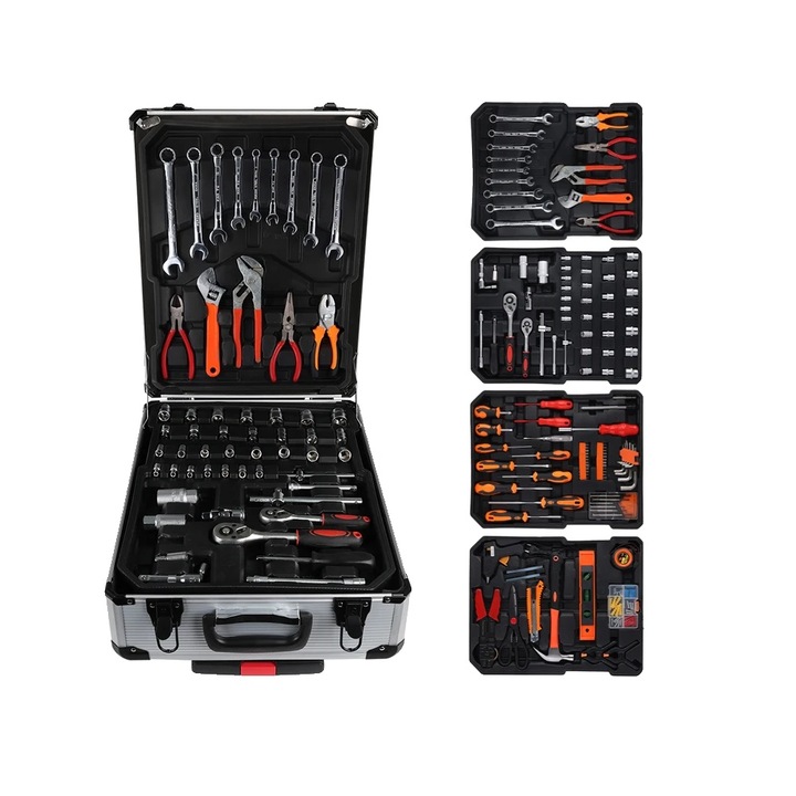 Set de scule, 186 piese, design multi-strat, cutie de unelte cu roti, aluminiu, plastic