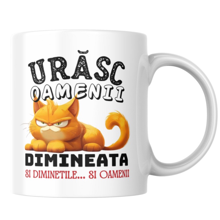 Cana personalizata - Urasc oamenii dimineata, model pisica, alba, 330 ml
